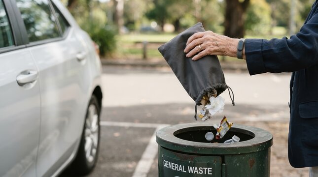 Senior woman emptying small car trash bag into a general waste bin outdoors