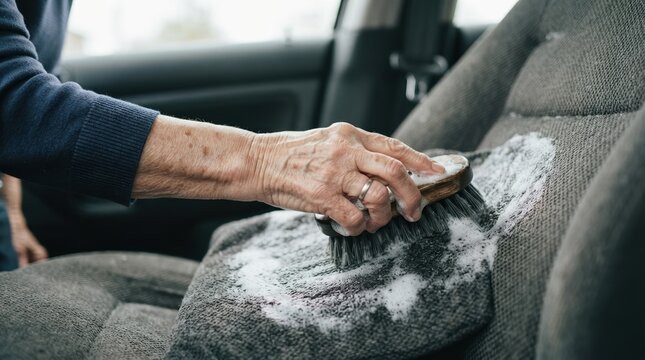 Senior woman cleaning a dirty car seat with a brush and soapy water for automotive detailing and maintenance