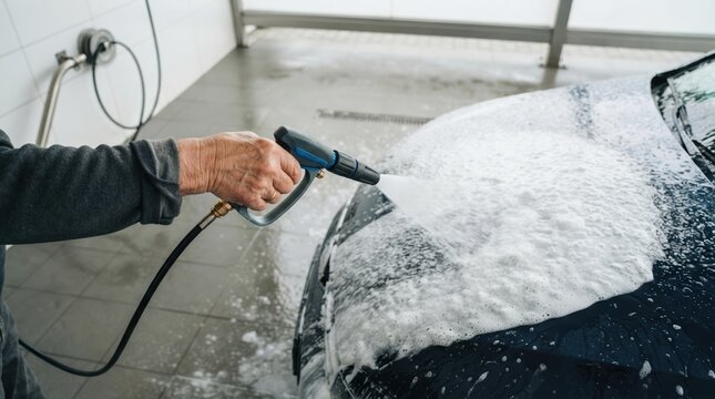 Senior man washing a car with high pressure foam sprayer at manual self service car wash station