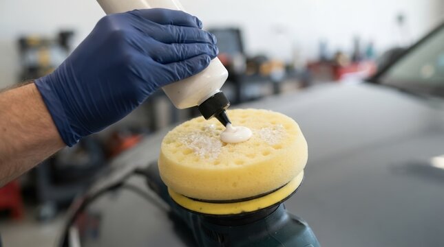 Applying car polish to a polishing pad for automotive detailing and paint correction work