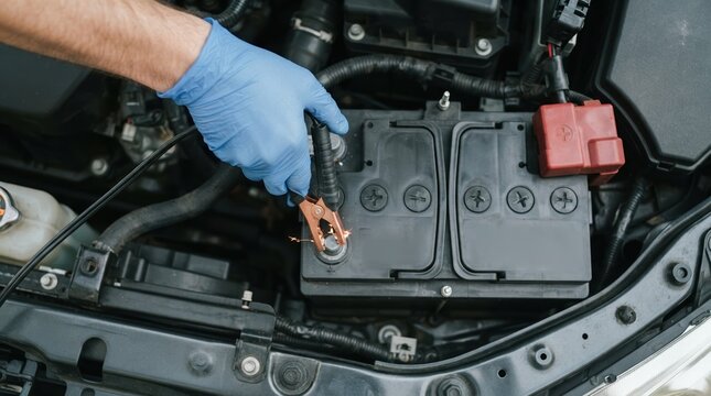 Mechanic jumping a car battery with jumper cables creating sparks under the hood