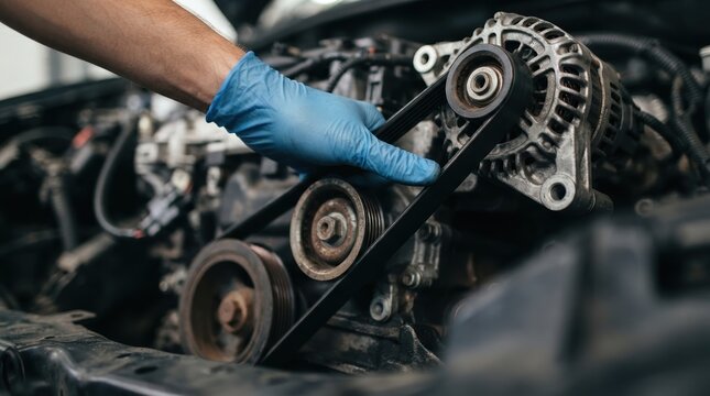 Mechanic repairing car engine replacing serpentine belt in auto repair shop