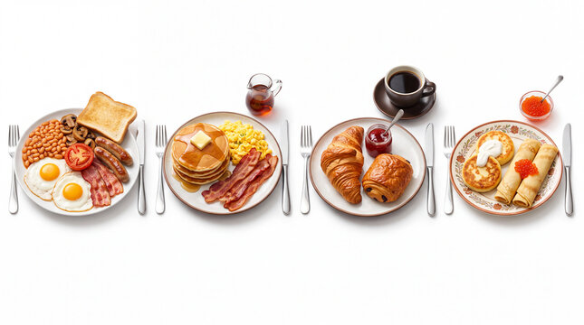 Traditional breakfast varieties set collage side-by-side comparison of full English breakfast, American pancakes with bacon, French pastries with coffee, Russian blini with syrniki on white background