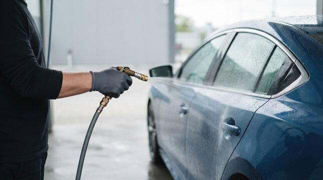 Man washing blue sedan with high pressure water spray at self service car wash station