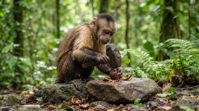 Capuchin monkey skillfully uses a heavy stone tool to crack open a hard nut in the dense jungle.