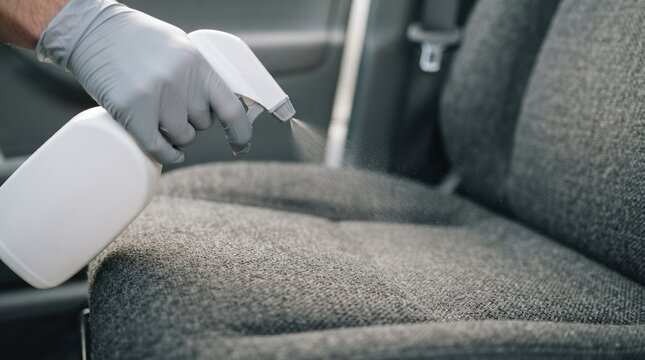 Gloved hand spraying disinfectant cleaner onto a car seat for interior detailing and sanitization