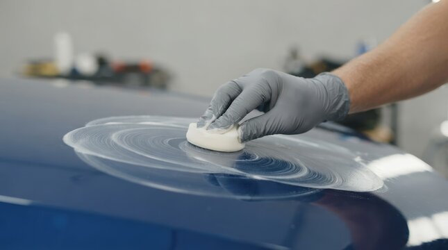 Professional detailer waxing a blue car hood with a sponge, automotive detailing and paint protection concept