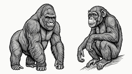 Silverback gorilla and chimpanzee are rendered as intricate engraved style illustrations on a plain background. © Ryan