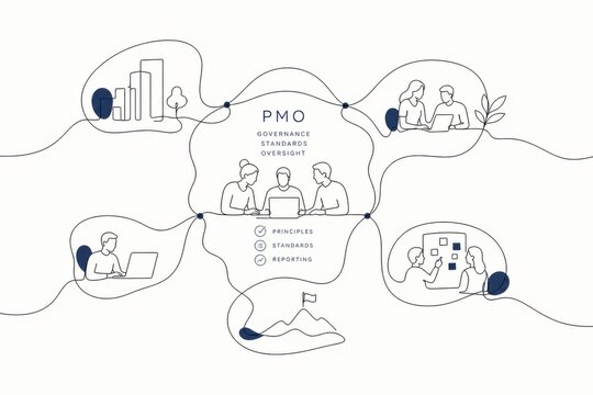 Continuous Line Art Illustration Representing PMO Governance Standards and Oversight Principles with Various Elements
