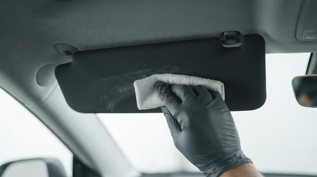 Person cleaning car sun visor with microfiber cloth and cleaner in vehicle interior detailing
