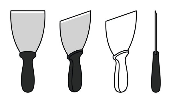 Industrial putty knife scraper tool icons in multiple perspectives