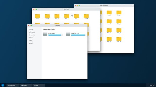 Computer desktop interface showing multiple windows and folders opening