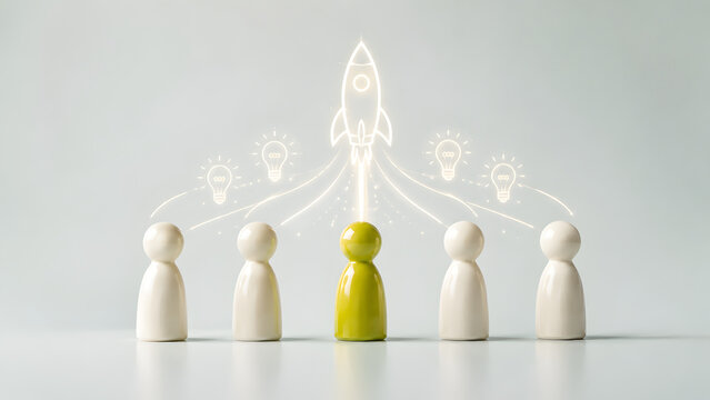 Green wooden figure among white dolls under glowing rocket ship and lightbulb icons. Concept of startup business launch and creative team innovation.
