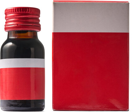 dark glass medicine bottle and cardboard box isolated white background, mock-up template with blank labels for branding pharmaceutical packaging