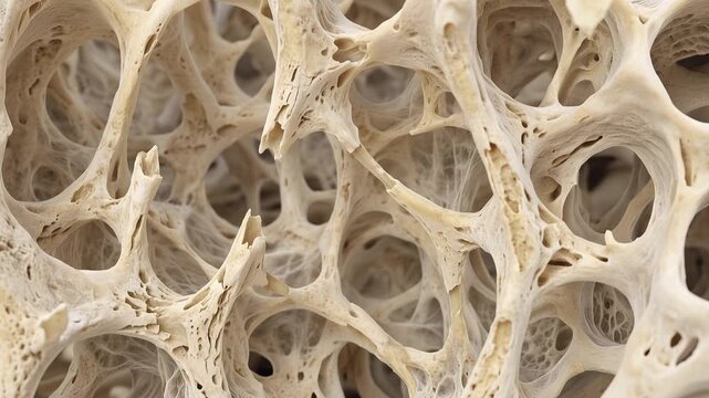 Microscopic macro journey through porous osteoporotic or osteoporosis bone matrix, pale yellow and ivory trabecular structure, detailed cellular texture, 4K video
