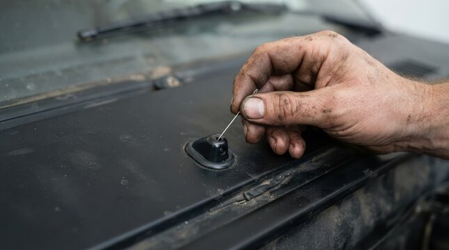 Mechanic adjusting car windshield washer jet nozzle with a needle for maintenance and repair work