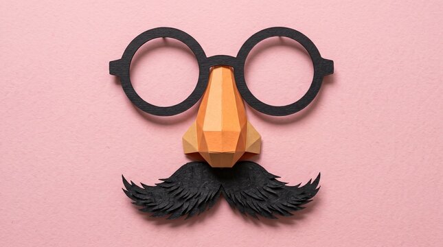 Flat lay paper craft composition of a funny disguise mask with glasses, geometric nose, and mustache on pink background