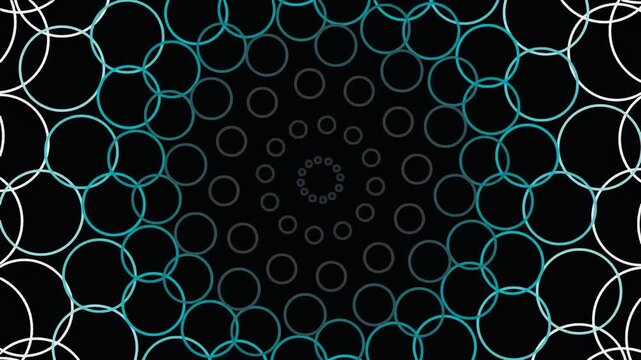 Abstract Hypnotic Pattern of Interlocking Circular Rings with Gradient Blue and White Tones on a Deep Black Background