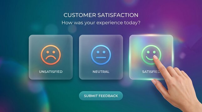 Hand touching glowing satisfied face button on modern customer satisfaction feedback UI concept