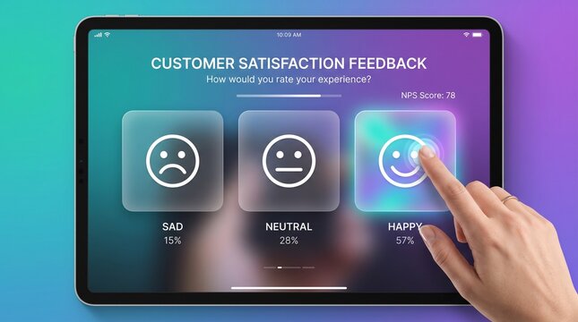 Hand touching happy face on digital tablet screen showing customer satisfaction feedback UI with NPS score and statistics