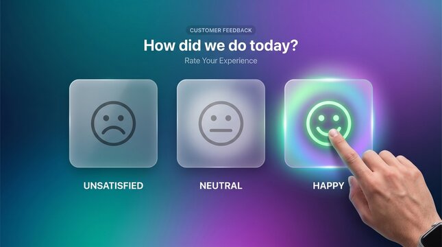 Hand with smartwatch touching glowing happy face button on modern customer feedback UI concept