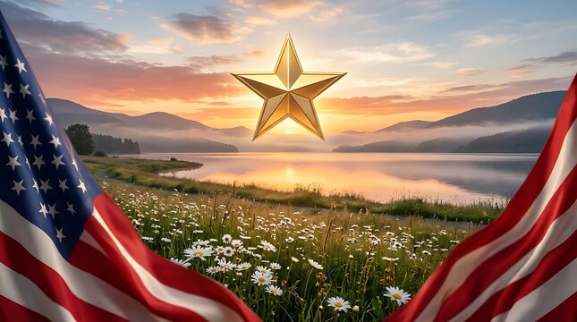 American Gold Star Patriotic Landscape at Sunrise
