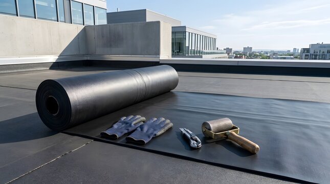 Black bituminous roofing membrane roll positioned on flat building terrace with safety protective work gloves utility knife and steel roller for installation.