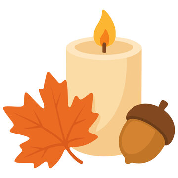 Flat autumn candle illustration with maple leaf and acorn for cozy seasonal decoration