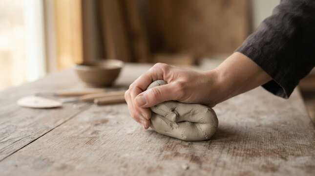 Woman kneading clay on a wooden table in pottery studio, conceptual image for crafting and handicraft