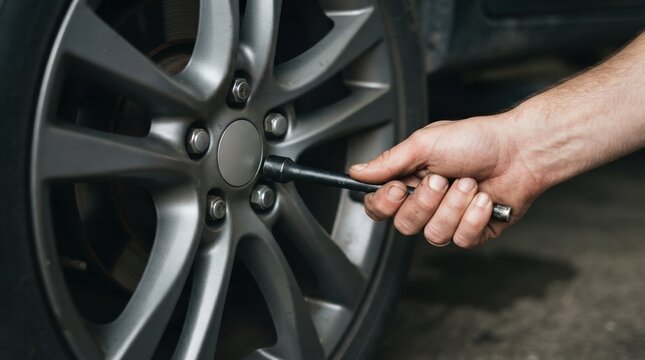 Mechanic changing car tire with wrench, automotive service and repair concept representing vehicle maintenance