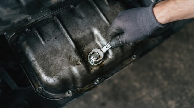 Mechanic unscrewing oil pan drain plug with wrench during car engine maintenance service