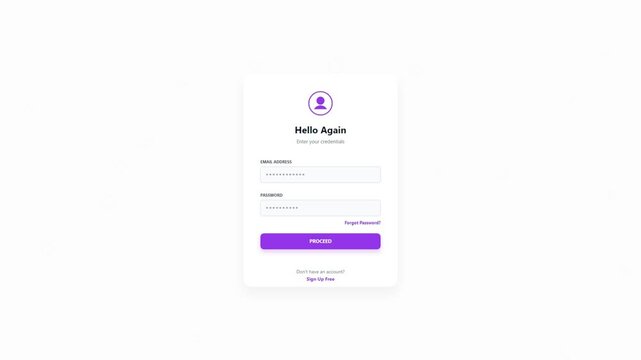 Login screen interface with hello again text and purple proceed button