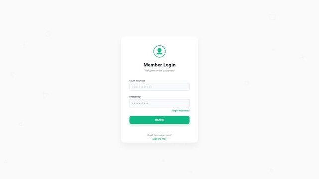 Member login screen interface animation on white background for website