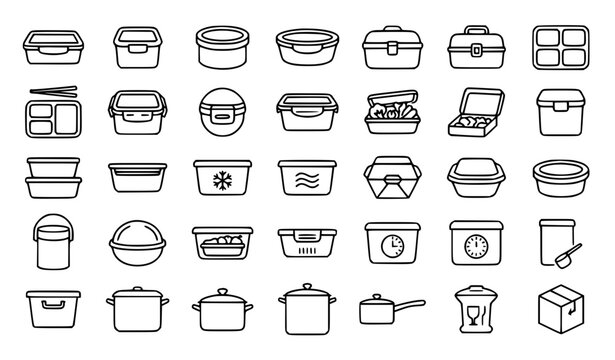 Premium lunch box, food container, tiffin box, kitchenware and storage line icons set