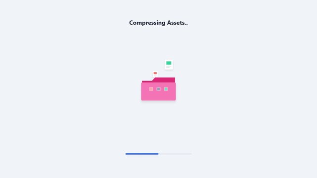 Compressing Assets animation with folder icon and progress bar on white