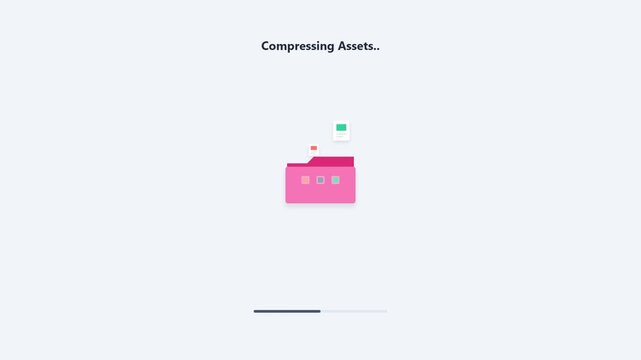 Compressing assets animation showing files moving into a pink folder icon
