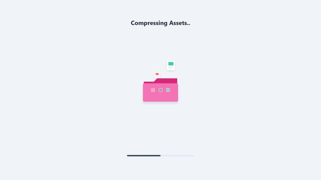 Compressing assets animation showing files falling into a pink folder icon