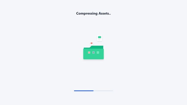 Asset compression animation with folder and progress bar on white background