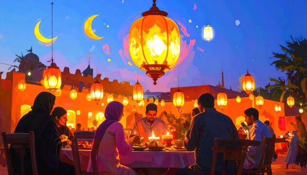 People dining under lanterns at night.
