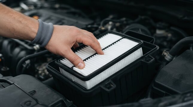 Mechanic changing car air filter in engine bay, automotive maintenance and repair concept