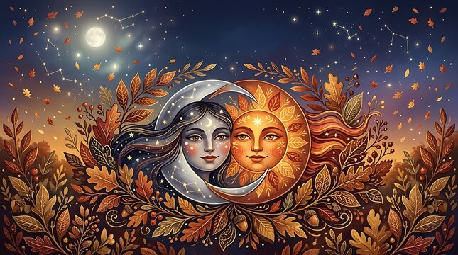 Sun and Moon Celestial Harmony with Autumn Leaves Illustration