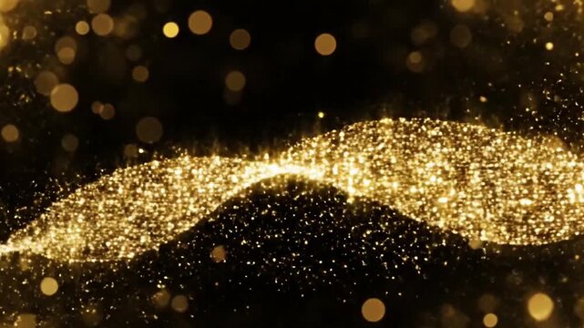 Golden glowing magic particle trail floating on dark background particles gold