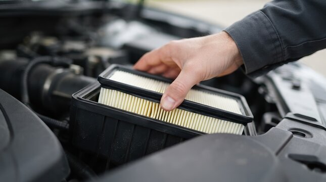 Mechanic changing car air filter in engine bay representing auto maintenance and repair service