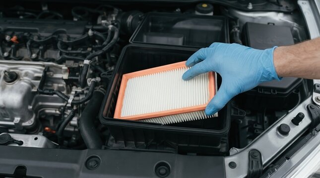 Mechanic changing car air filter in engine bay, automotive maintenance and repair concept