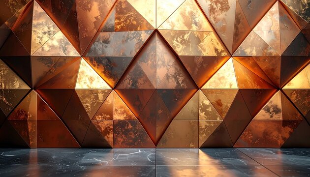 Geometric 3D metallic triangle pattern in warm copper tones. Abstract interlocking tessellation design with reflective golden surfaces.