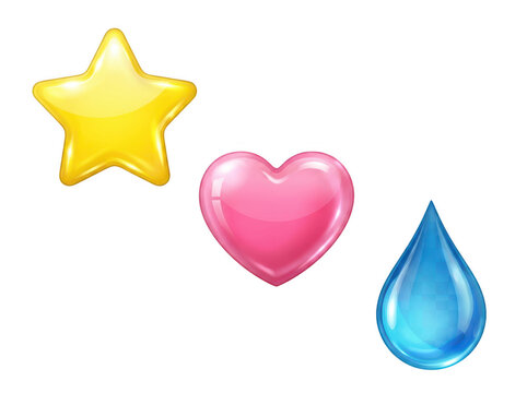 Glossy star heart and water drop icons isolated on transparent background