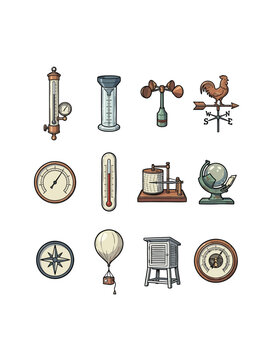 Collection Of Antique Weather Measurement Devices Such As Barometer Rain Gauge Anemometer Weather Vane Thermometer Barograph And Globe In A Nostalgic Style Vector Illustration