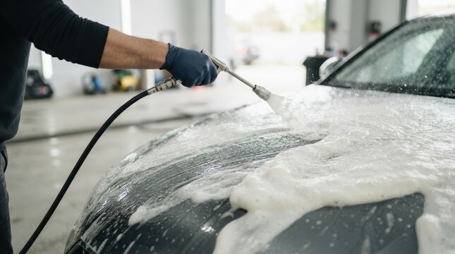 Professional car detailing worker pressure washing vehicle with soap foam in auto service shop