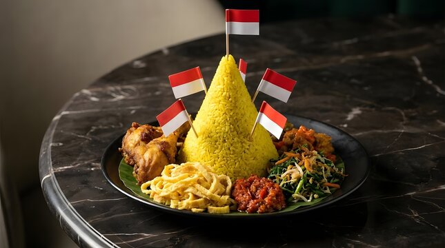 Yellow rice cone tumpeng with Indonesian flags on plate.