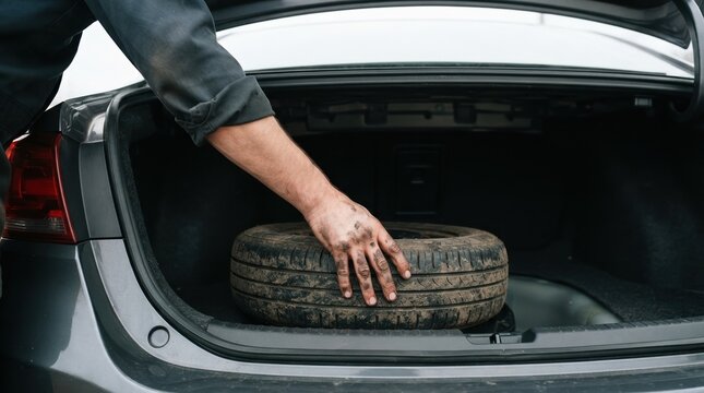 Mechanic man putting a dirty spare tire into the trunk of a car for roadside assistance and emergency repair